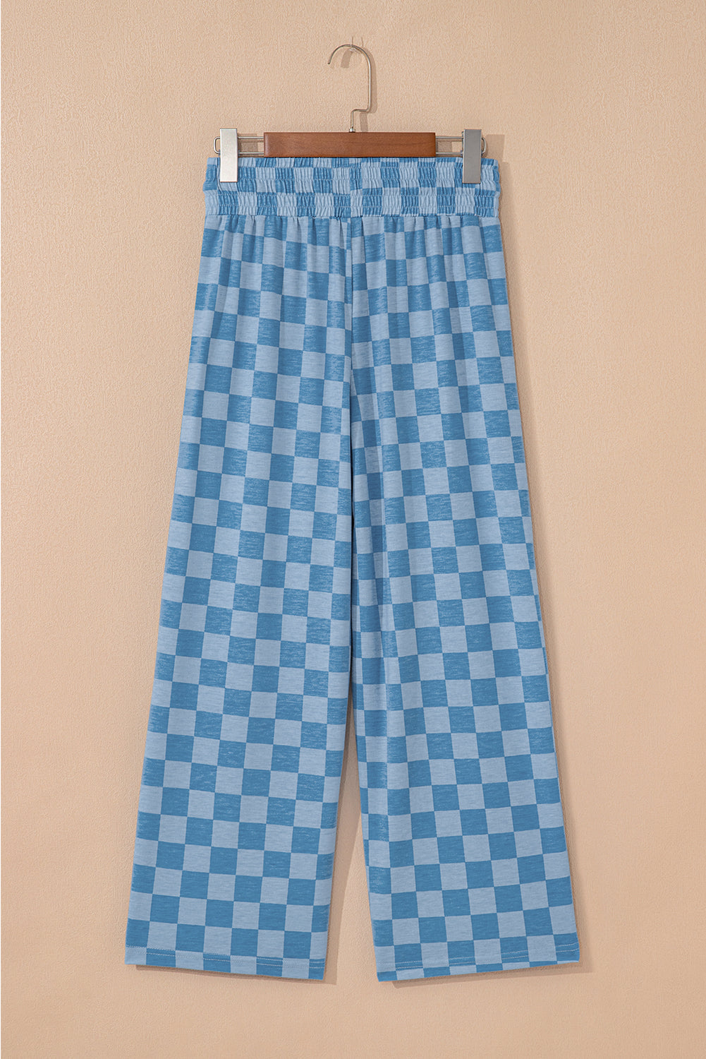 Sky Blue Checkered Elastic High Waist Loose Casual Pants
