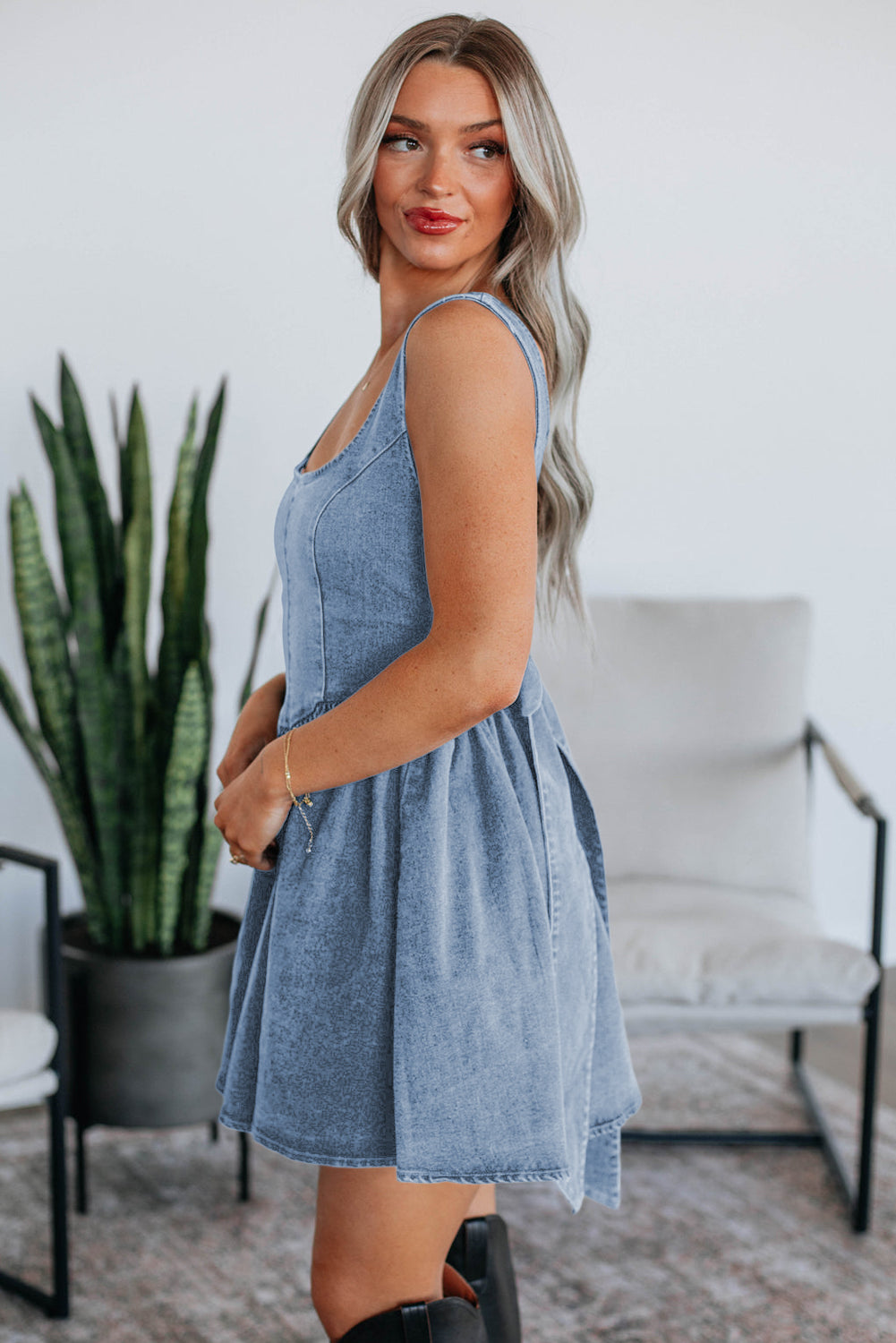 Sail Blue Square Neck Bowknot A-line Sleeveless Denim Dress