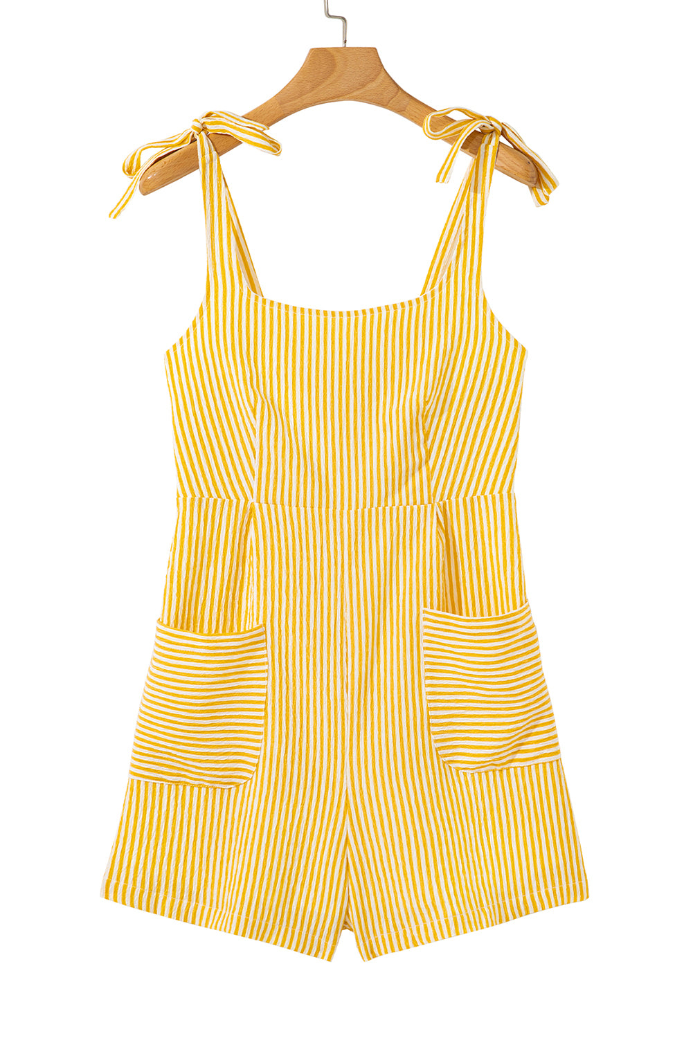 Yellow Stripe Shoulder Tie Smocked Back Wide Leg Casual Romper