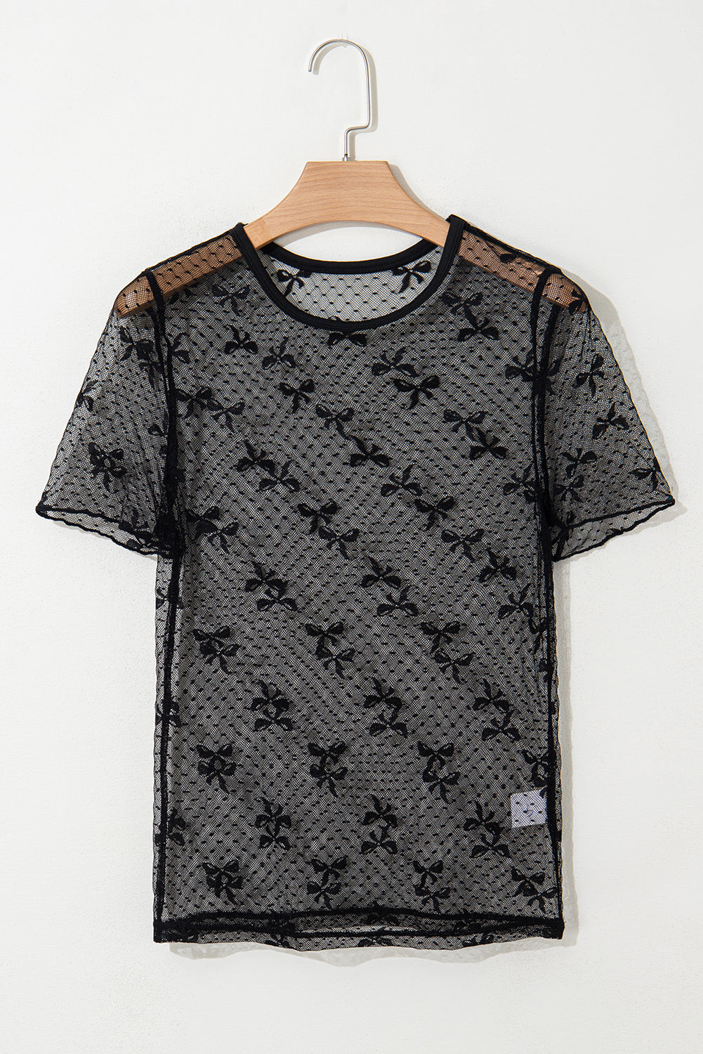 Black Bow Knot Dotted See-through Mesh Patched Slim Fit Blouse