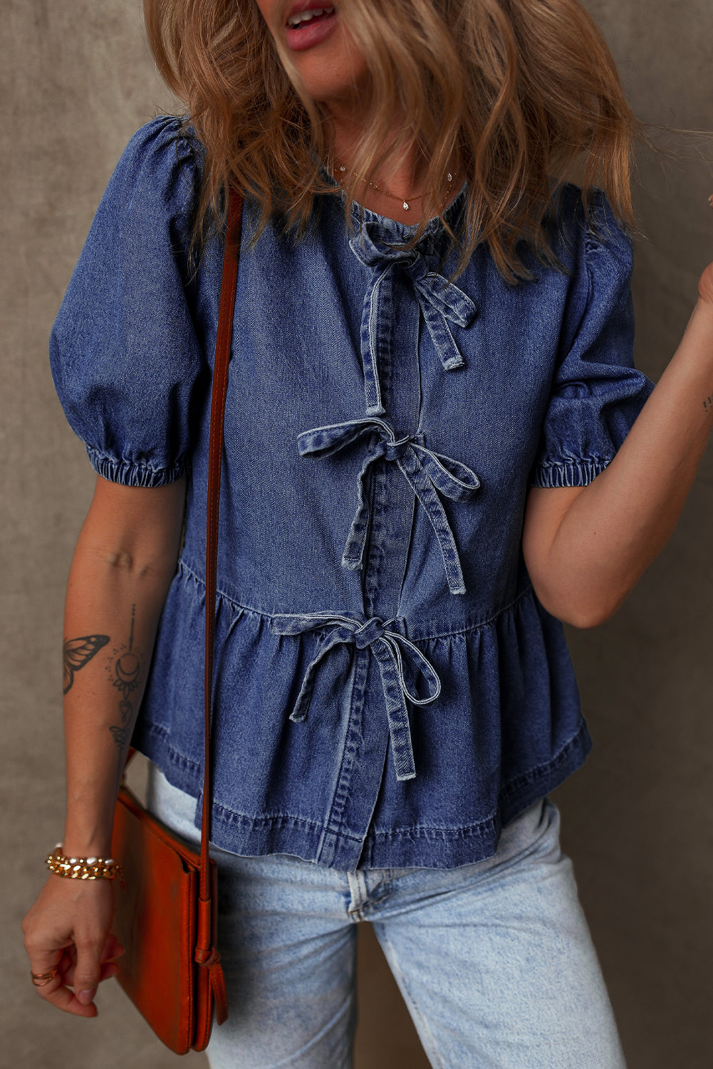 Dusk Blue Tied Front Bubble Sleeve Peplum Denim Shirt