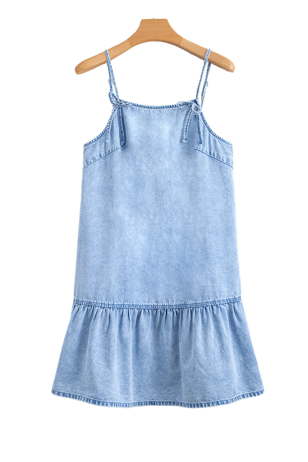 Beau Blue Bow Detail Spaghetti Straps Ruffle Hem Denim Short Dress