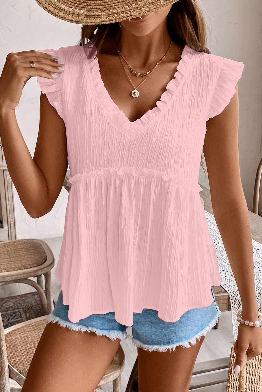 White Textured Ruffled Trim V Neck Flutter Flowy Top