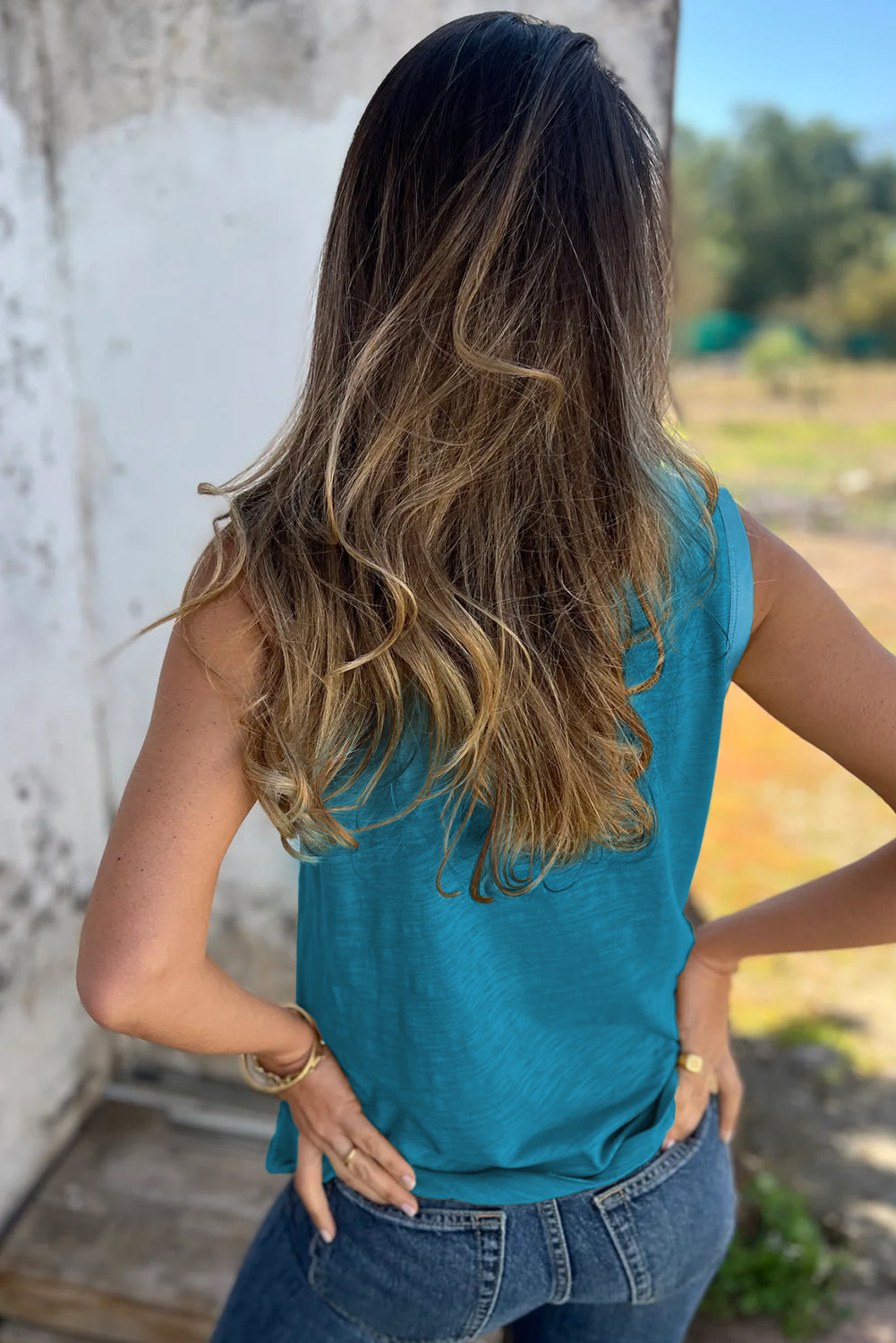 Mist Green Metallic Sheen Edge Scoop Neck Tank Top