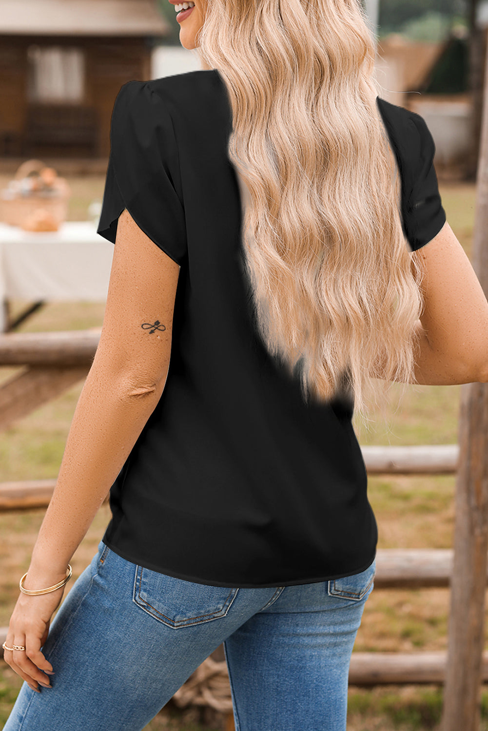 White Silky Notched Neckline Petal Sleeve Blouse