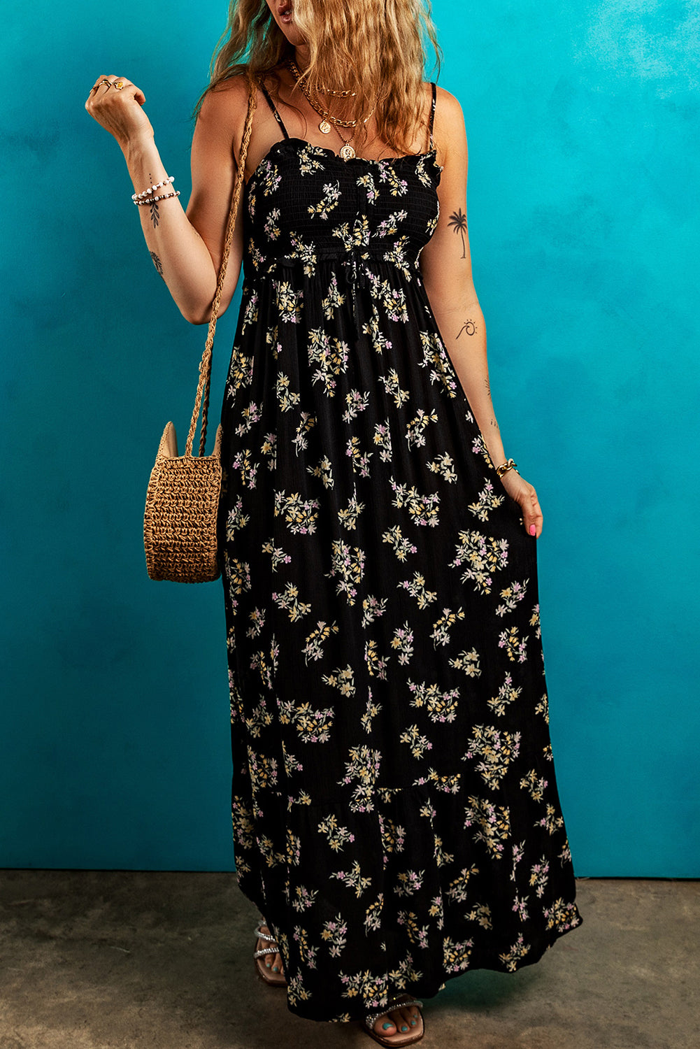 Black Floral Spaghetti Strap Shirred Bodice Tied Empire Waist Maxi Dress