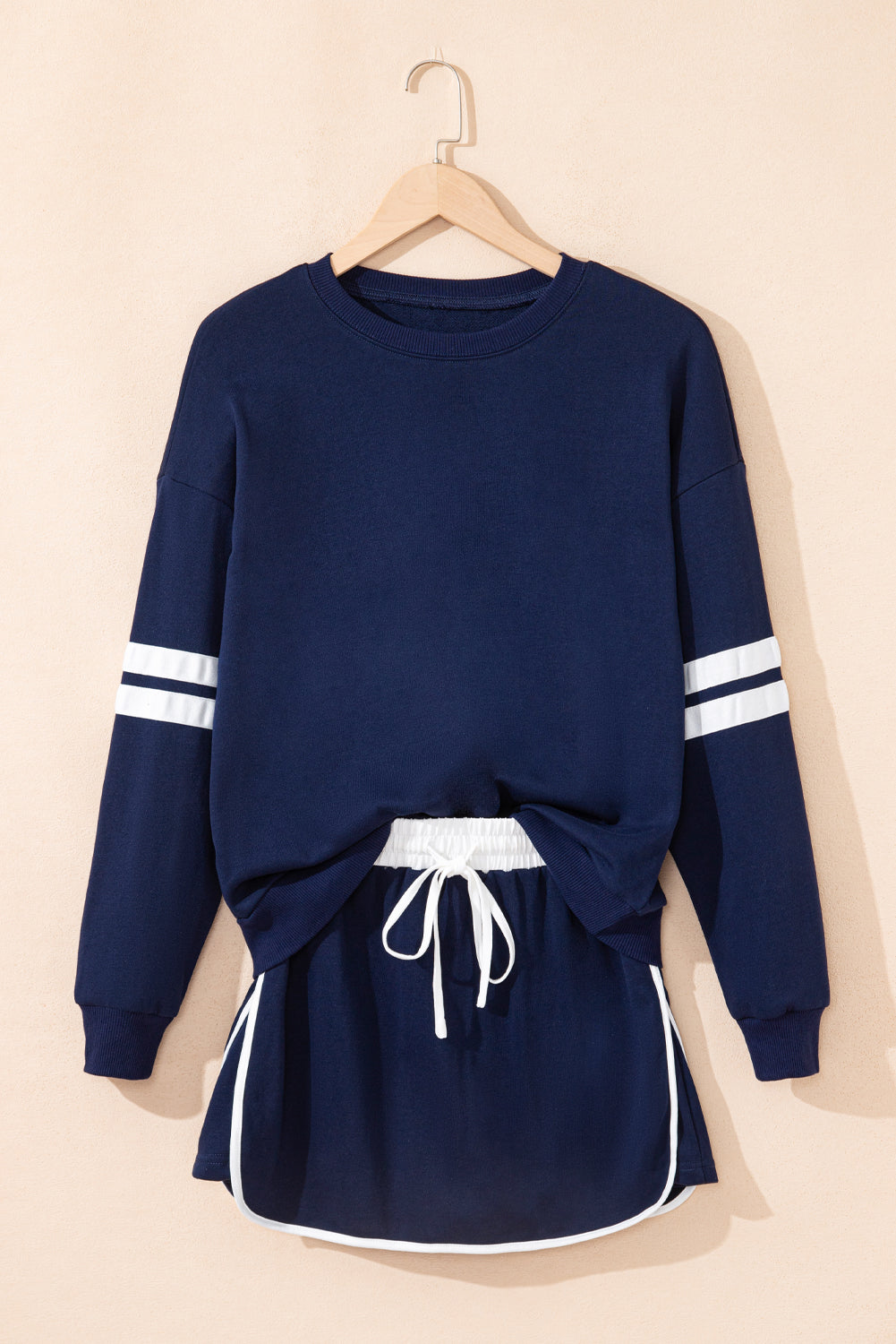 Navy Blue Varsity Stripe Detail Drop Shoulder Pullover Mini Skirt Set