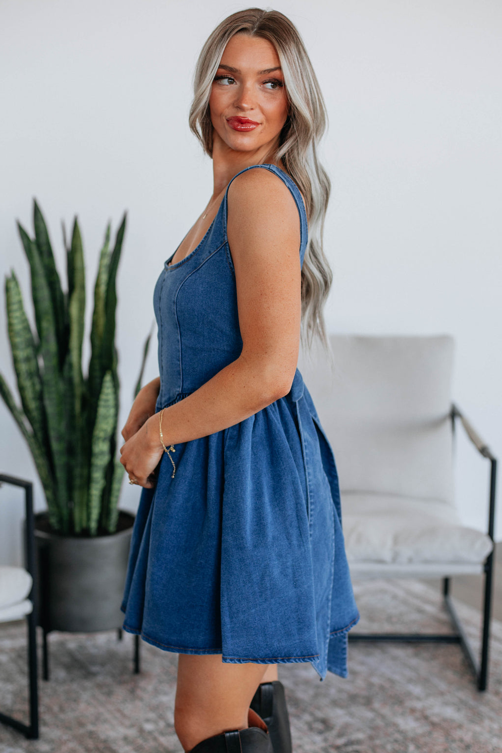 Sail Blue Square Neck Bowknot A-line Sleeveless Denim Dress