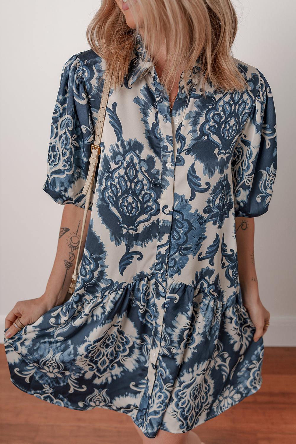 Blue Boho Floral Print Buttoned Collared Loose Fit Mini Dress