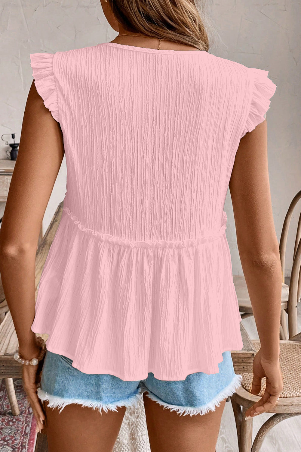 White Textured Ruffled Trim V Neck Flutter Flowy Top