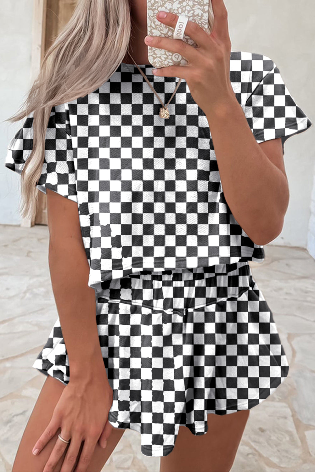Black Checkerboard T Shirt and High Waist Skorts 2 Piece Outfit