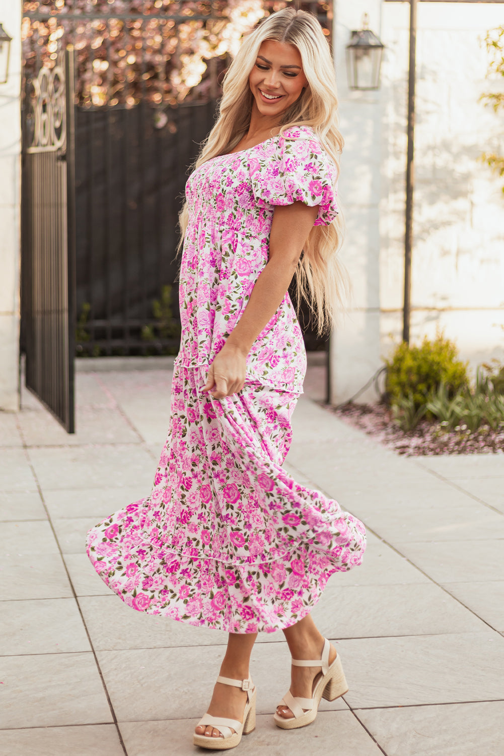 Pink Dainty Floral Smocked Puff Sleeve Flowy Long Dress