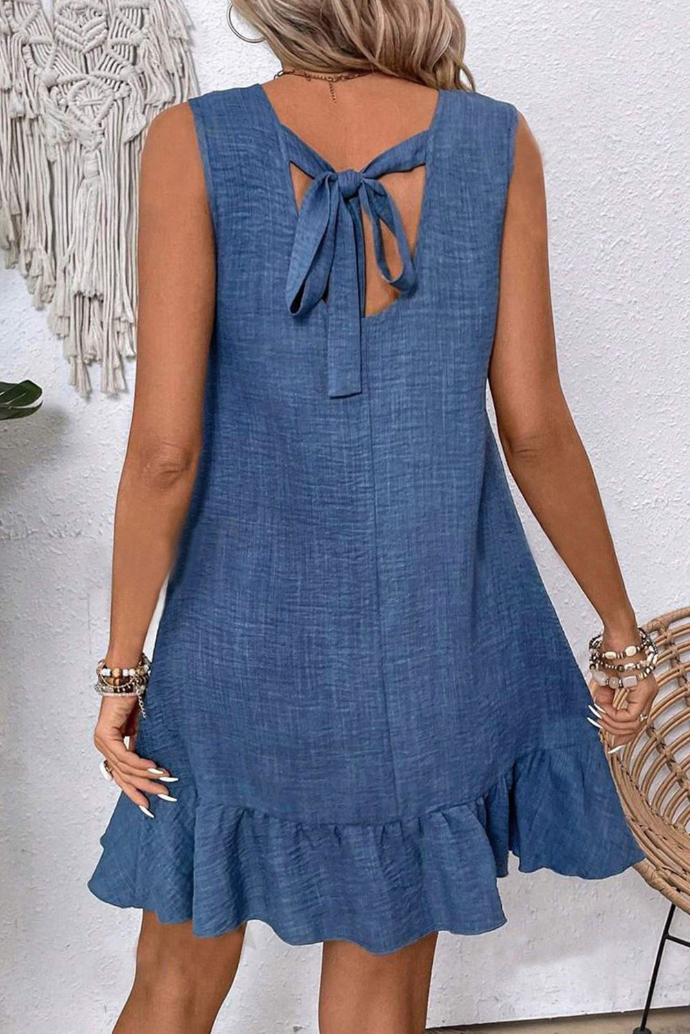 Smoke Gray Knot Scoop Back Ruffle Hem Sleeveless Mini Dress