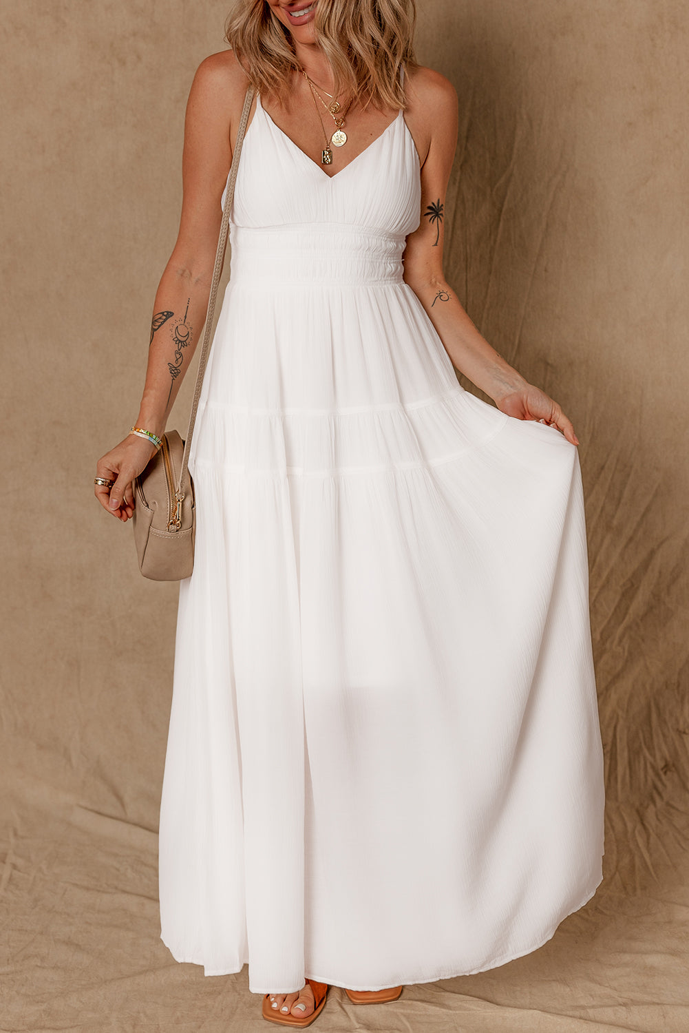 White Spaghetti Straps High Waist Elegant Long Dress