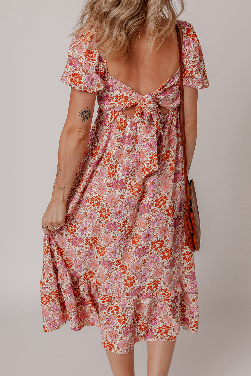 Pink Floral Square Neck Knotted Ruffle Midi Dress