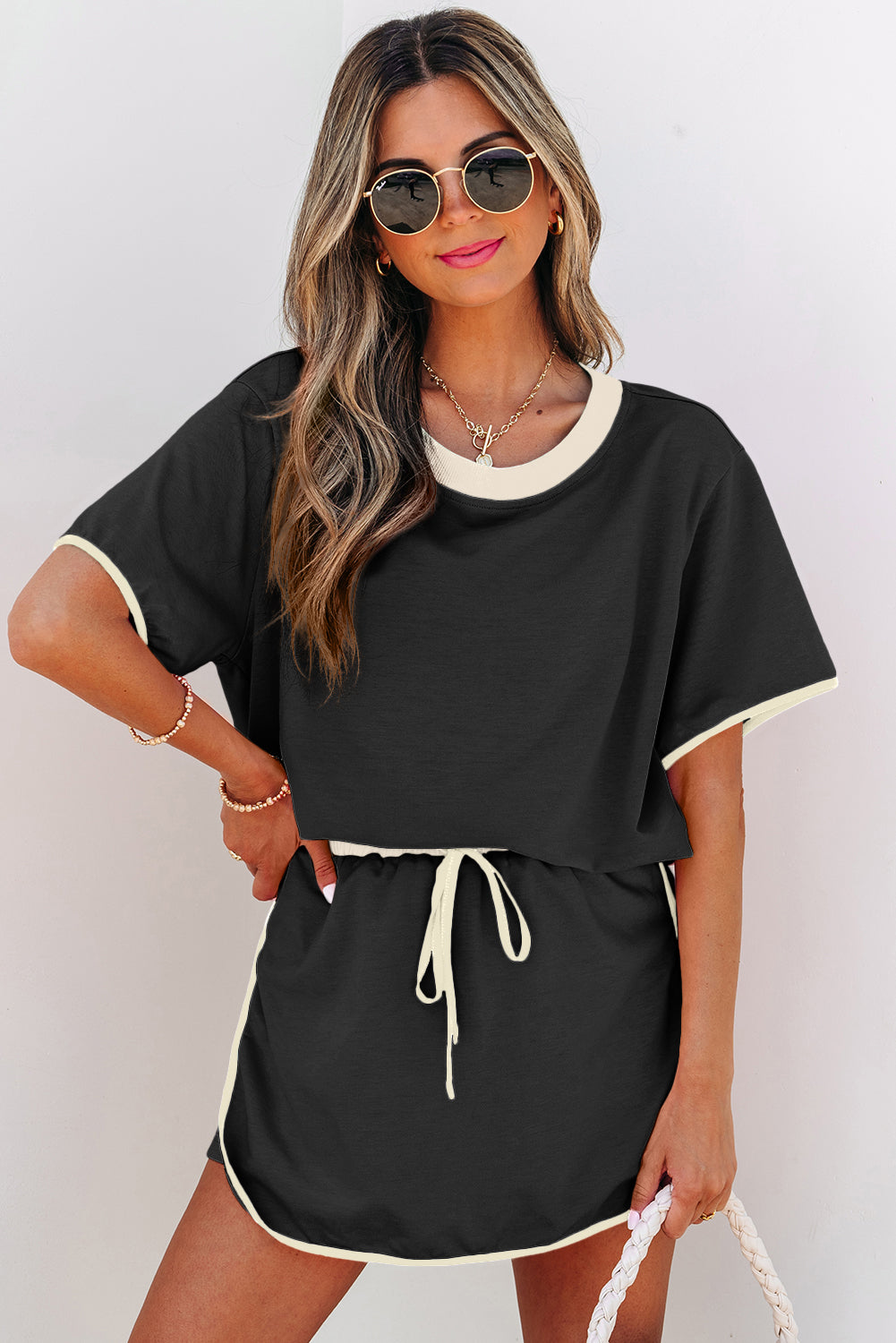 Bonbon Colorblock Edge Drop Shoulder T Shirt and Skort 2Pcs Set