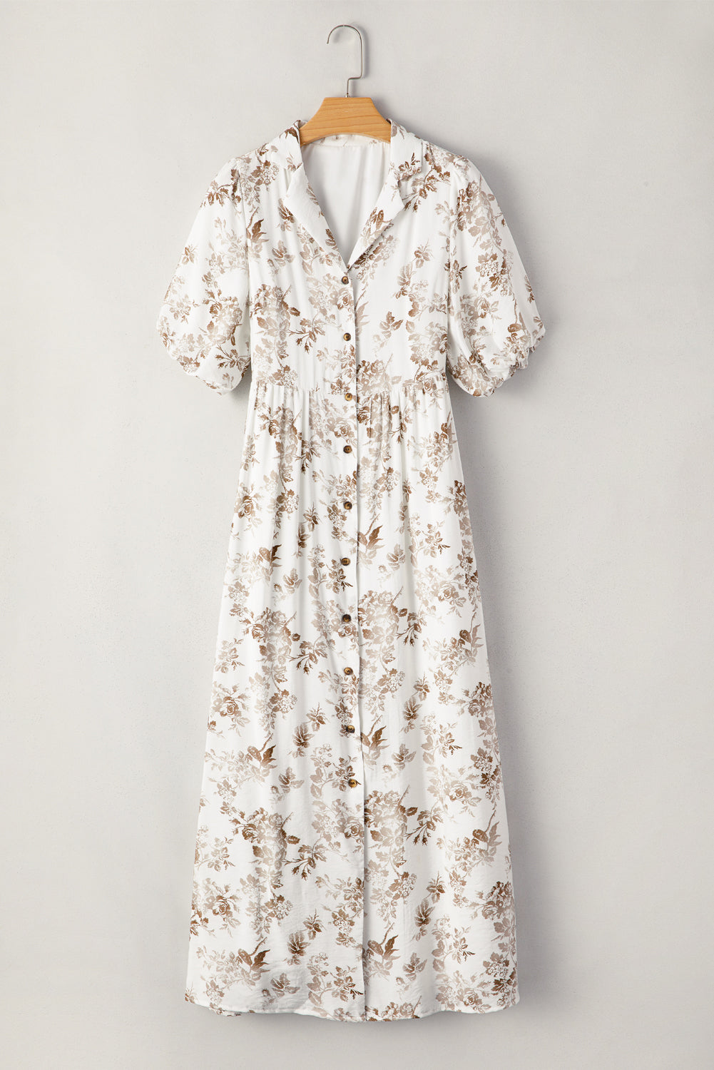 Khaki Floral Puff Sleeve V Neck Buttoned Front Maxi Dress