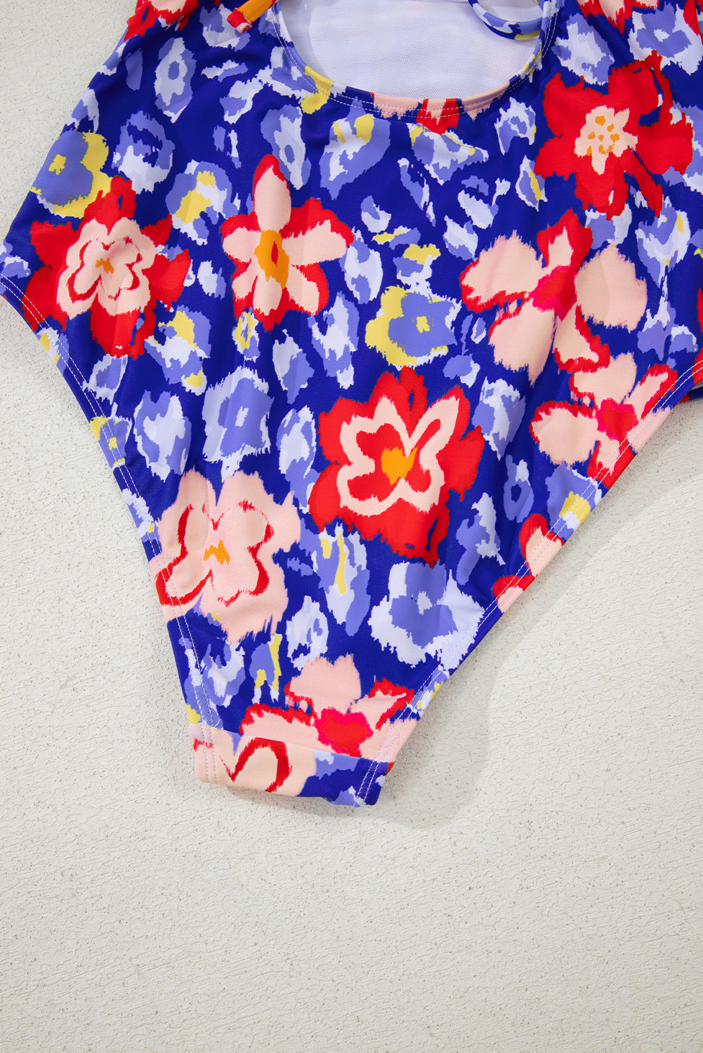 Blue Floral Ruffle Trim V Neck Lace-up Back Tummy Control One Piece Swimsuit