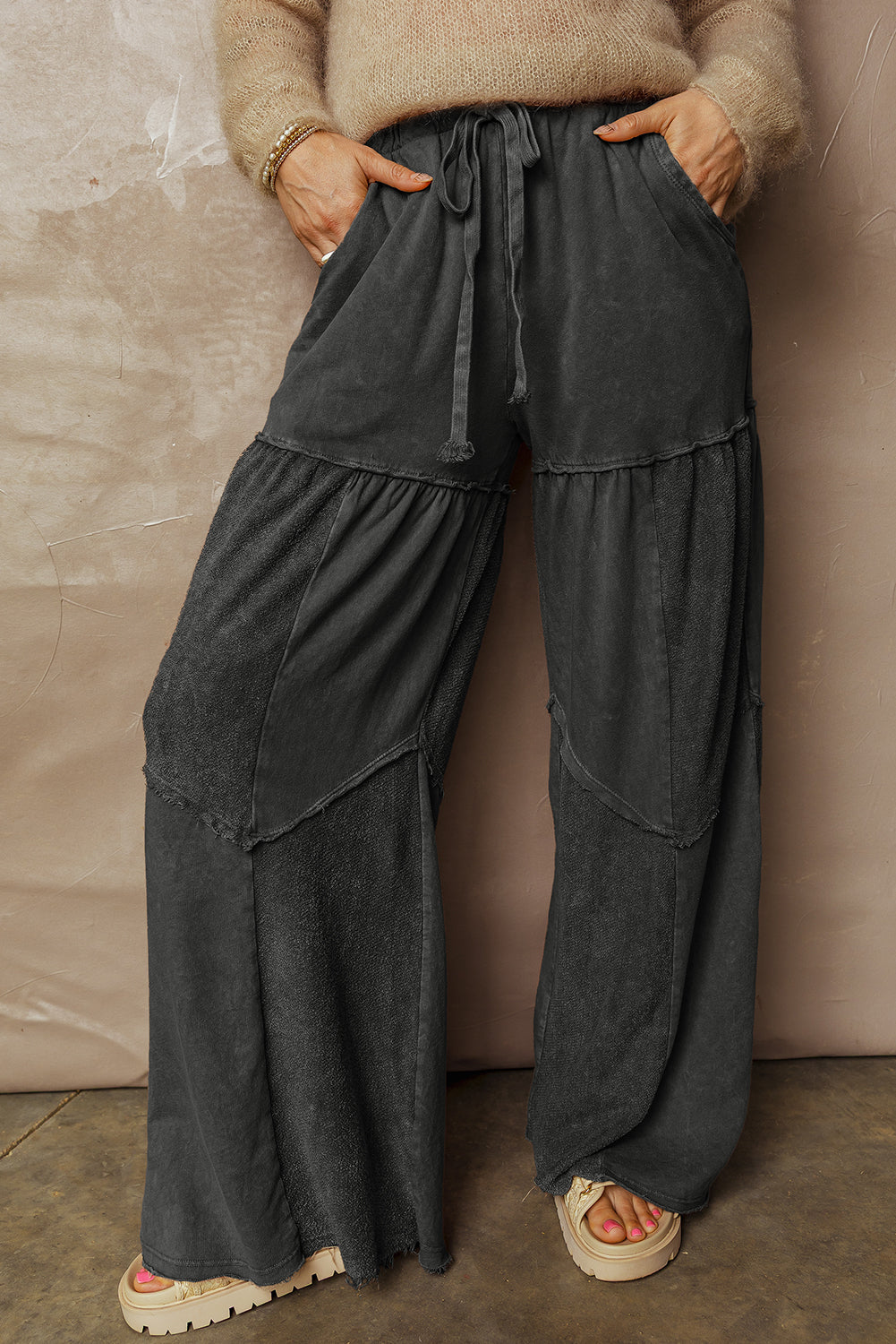 Vineyard Green Mineral Wash Tiered Wide Leg Patchwork Drawstring Pants