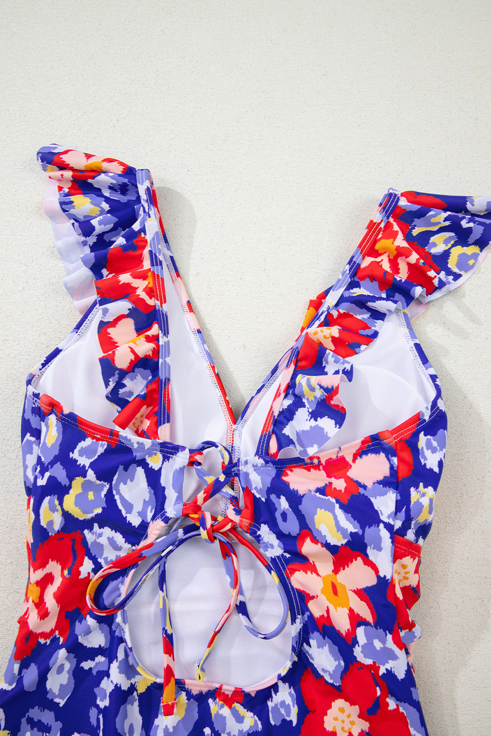 Blue Floral Ruffle Trim V Neck Lace-up Back Tummy Control One Piece Swimsuit