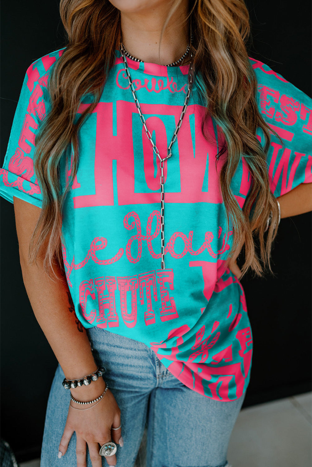 Rose Howdy Cowboy Letter Printed Western Fashion Tee