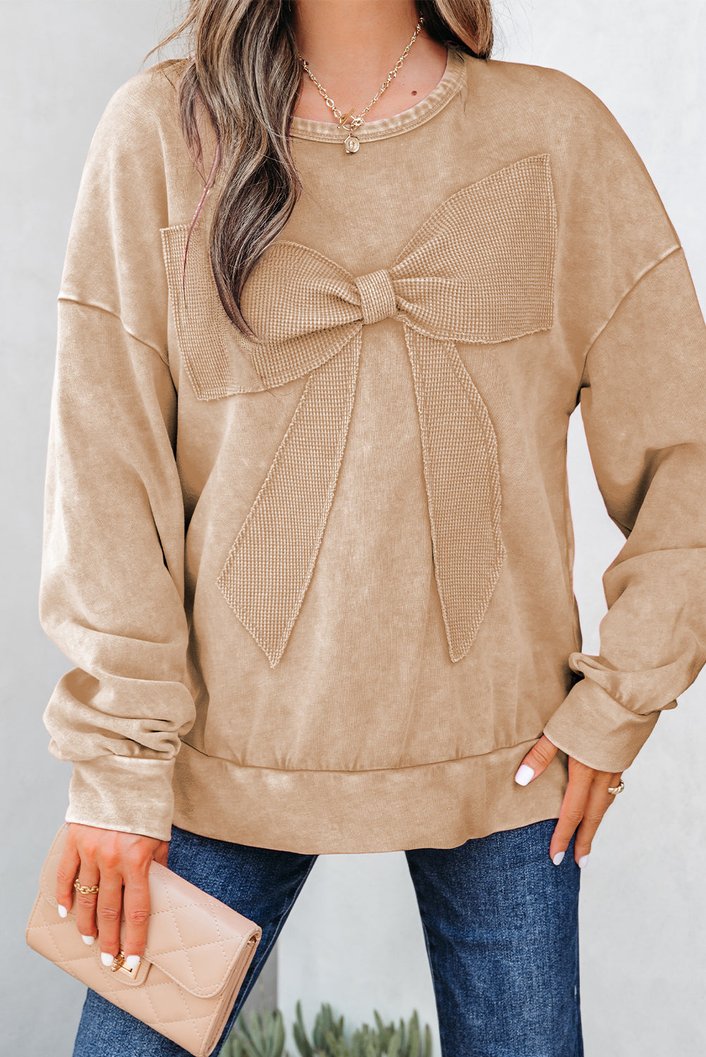 Light French Beige Mineral Wash Big Bow Patchwork Pullover Sweatshirt